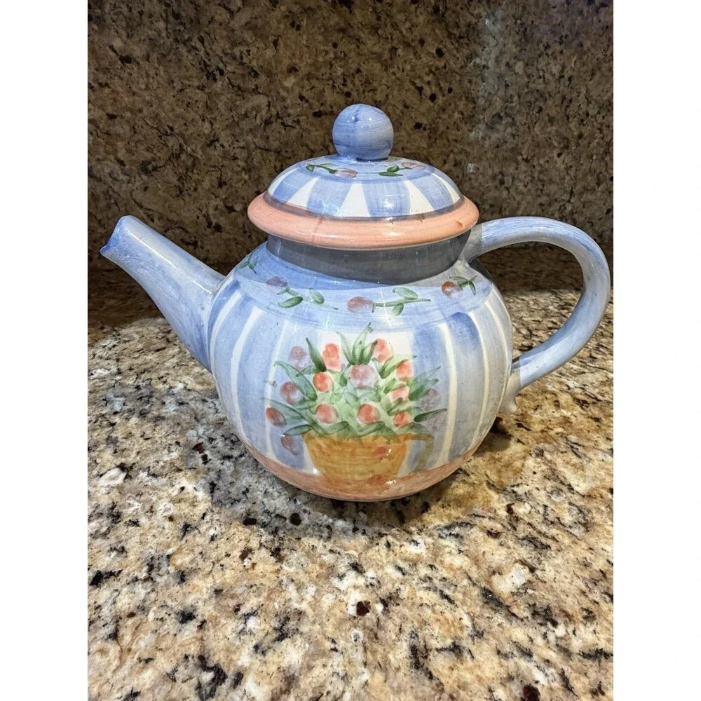 Vintage Pat Wade Design 1993 Hand Painted Ceramic Teapot Floral Philippines Lid